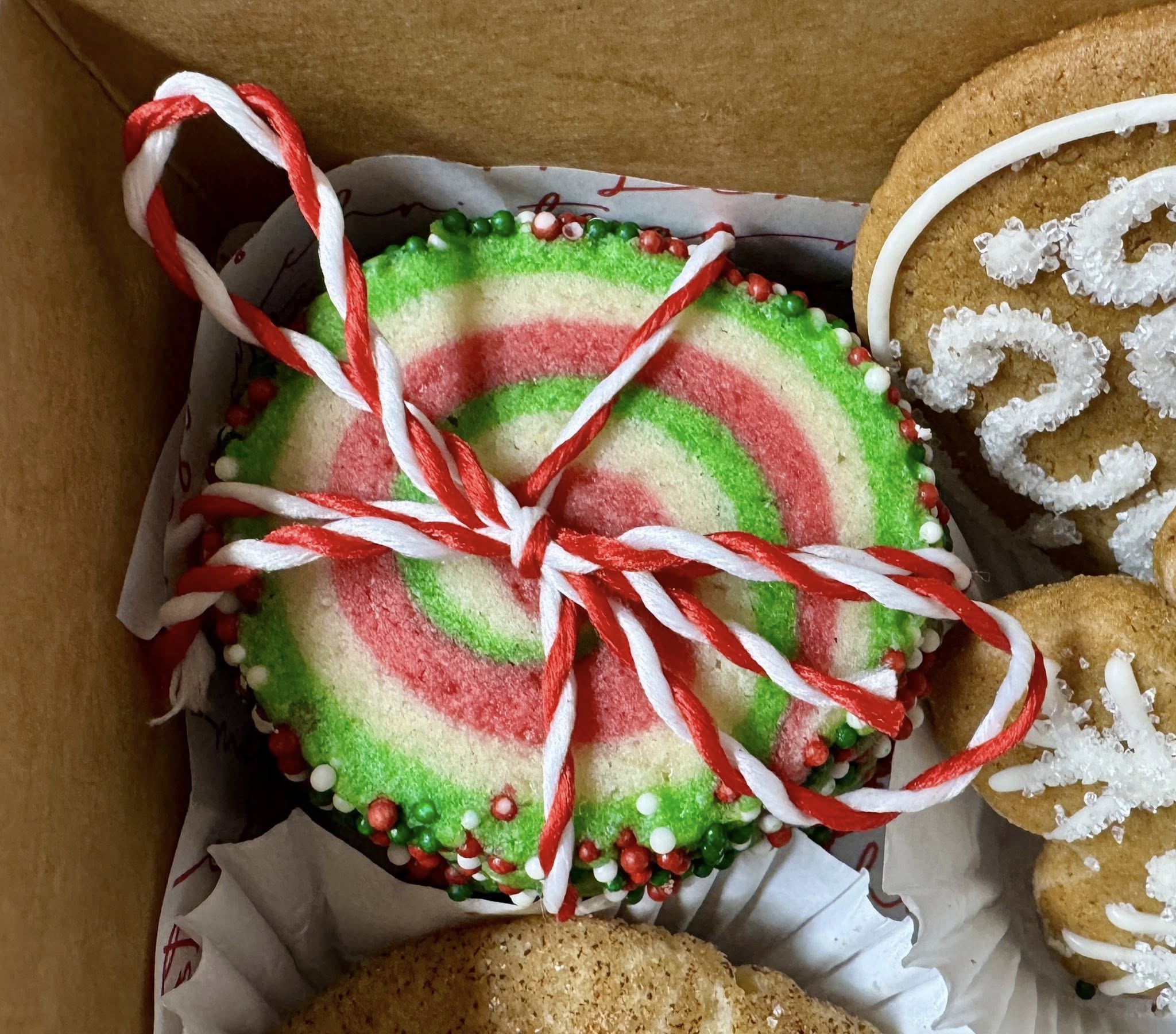 Red white and green swirled shortbread cookies